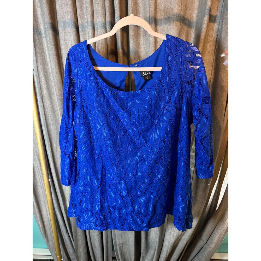 Simply Emma Royal Blue Floral Lace‎ Keyhole Back 3/4 Sleeve Blouse Plus Size 1X